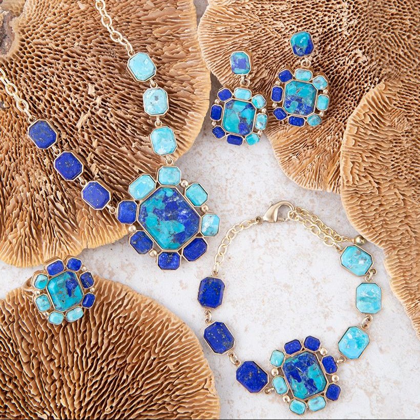 Duality blue lapis and turquoise golden statement ring, view 6