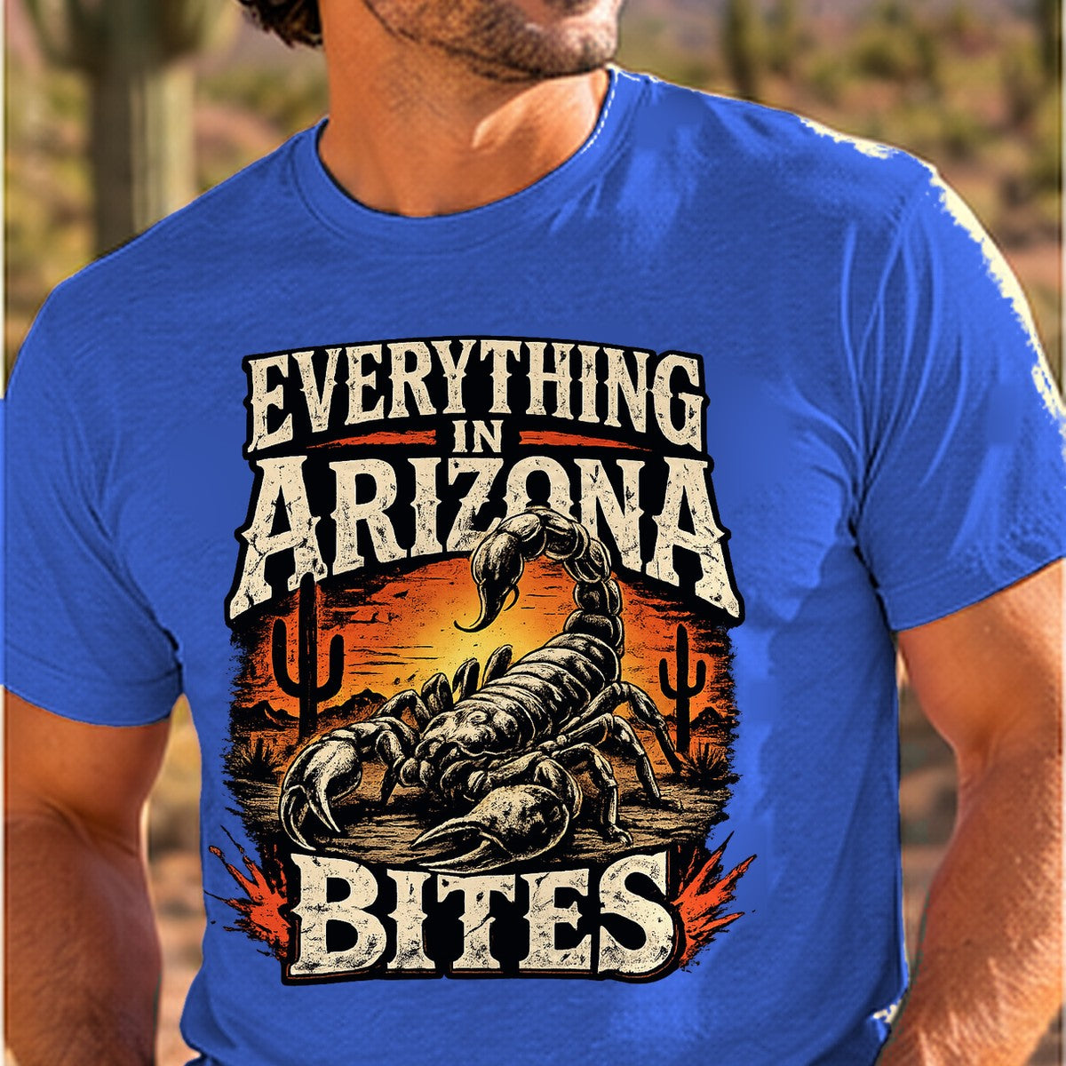 Everything Bites Arizona T-shirt worn by a man in the Arizona desert