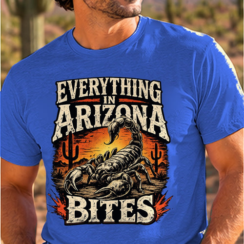 Everything Bites Arizona T-shirt worn by a man in the Arizona desert