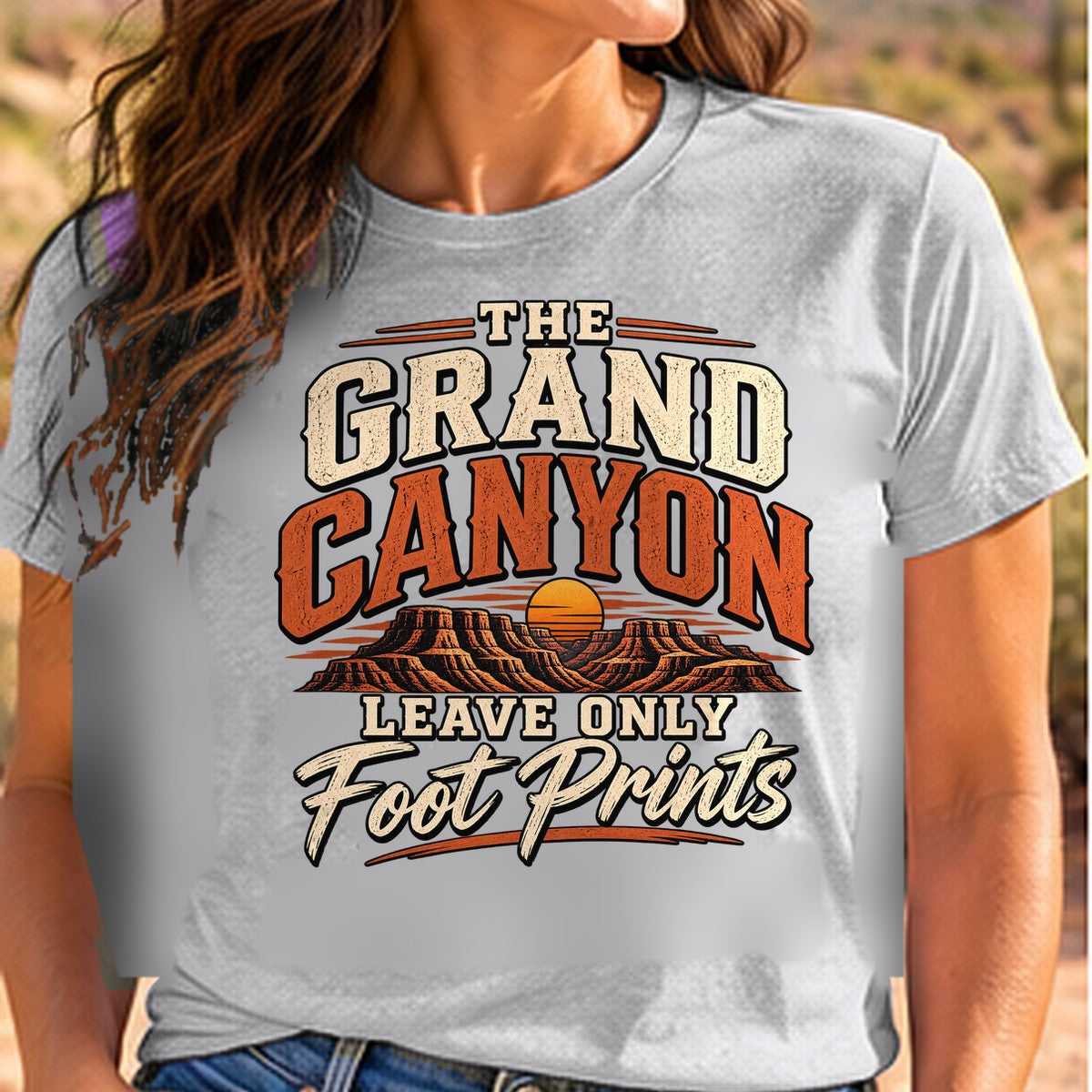 Grand Canyon Footprints Arizona T-shirt worn by a woman in the Arizona desert