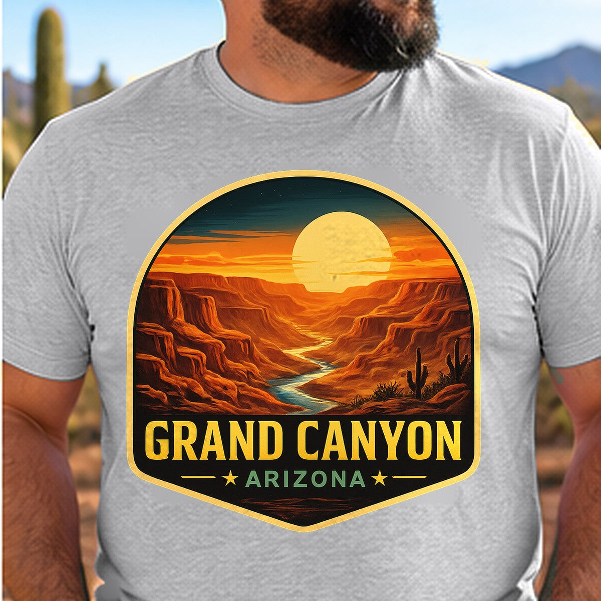 Grand Canyon Sunset Arizona T-shirt worn by a man in the Arizona desert