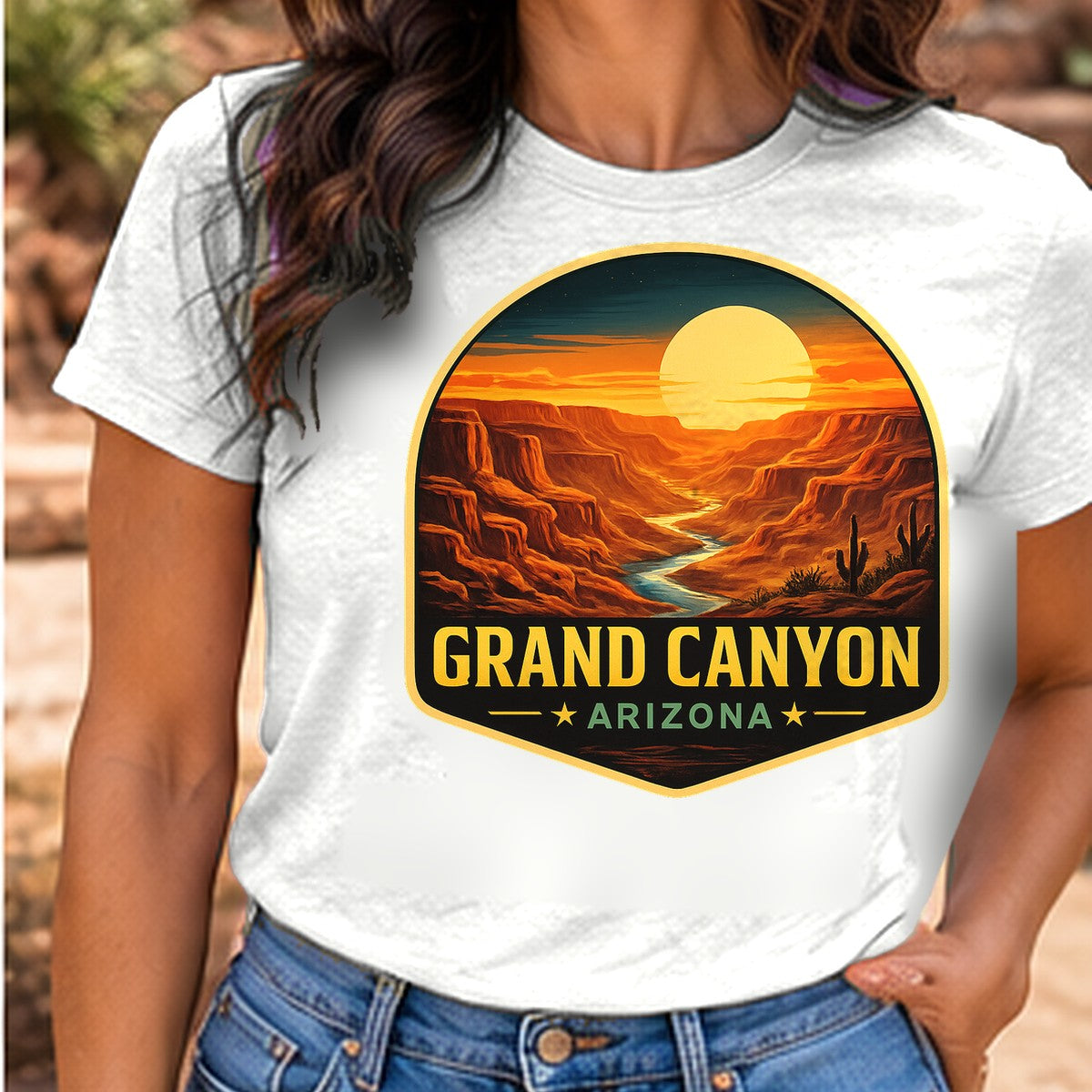 Grand Canyon Sunset Arizona T-shirt worn by a woman in the Arizona desert