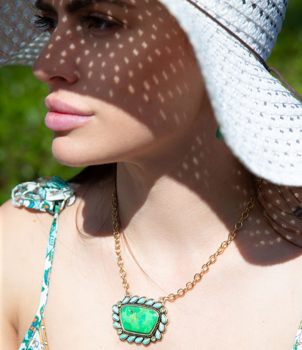 Legacy green and blue turquoise golden pendant necklace, view 2