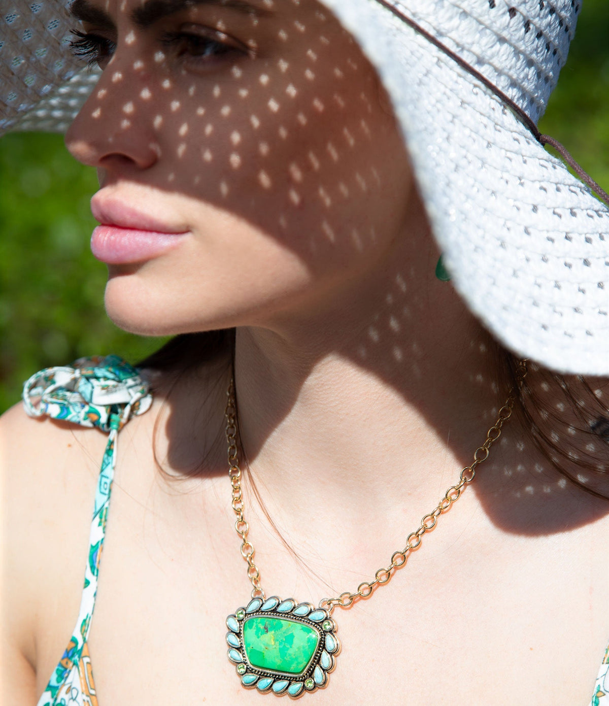 Legacy green and blue turquoise golden pendant necklace, view 2