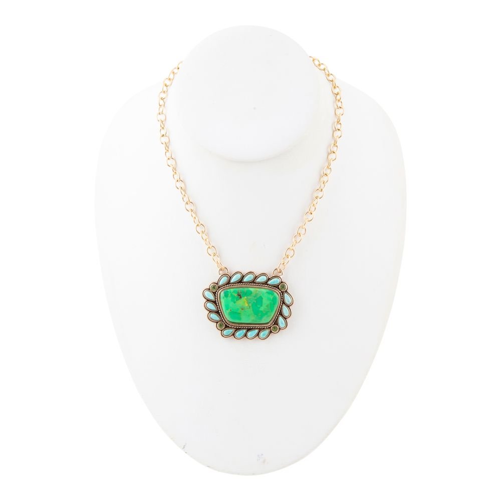 Legacy green and blue turquoise golden pendant necklace, view 5