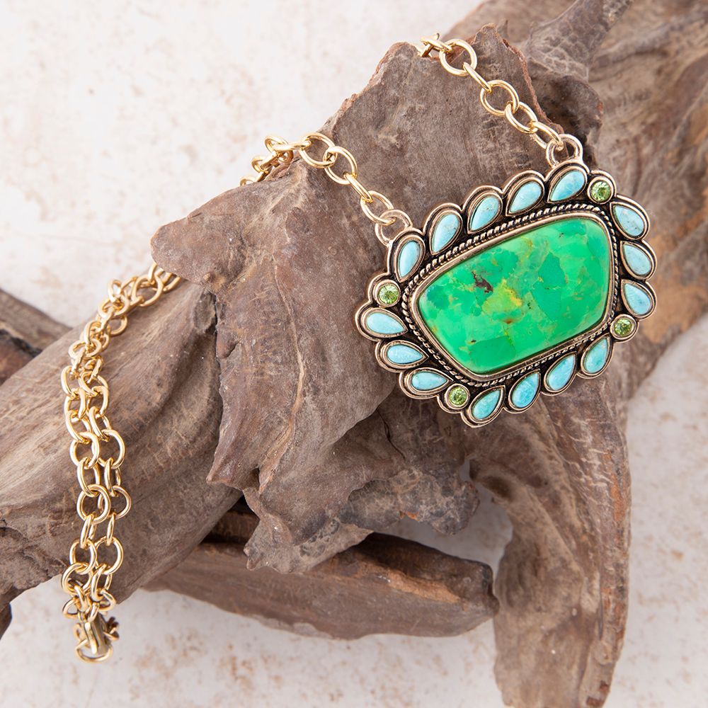 Legacy green and blue turquoise golden pendant necklace, view 3