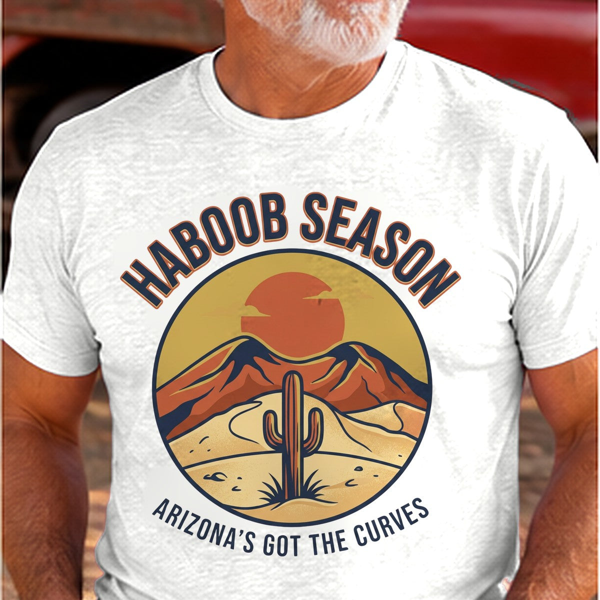 Haboob Season Arizona T-shirt worn by a man in the Arizona desert
