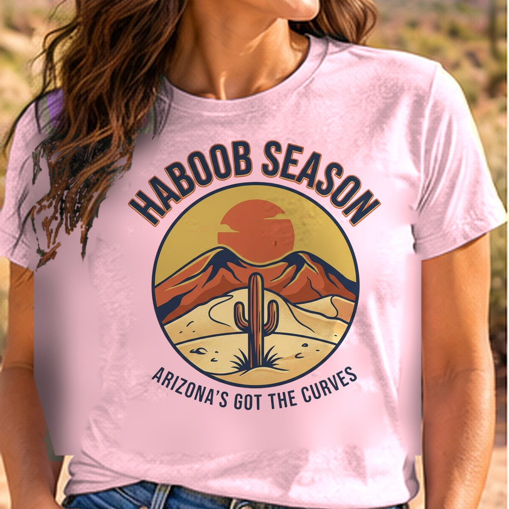 Haboob Season Arizona T-shirt worn by a woman in the Arizona desert