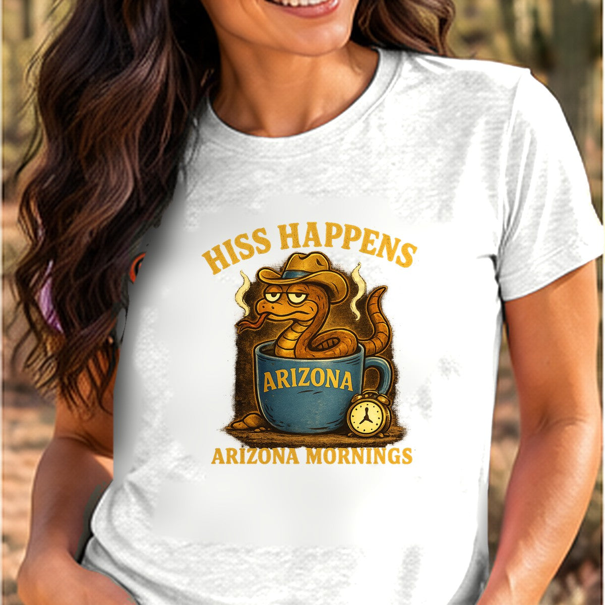 Hiss Happens Arizona T-shirt worn by a woman in the Arizona desert