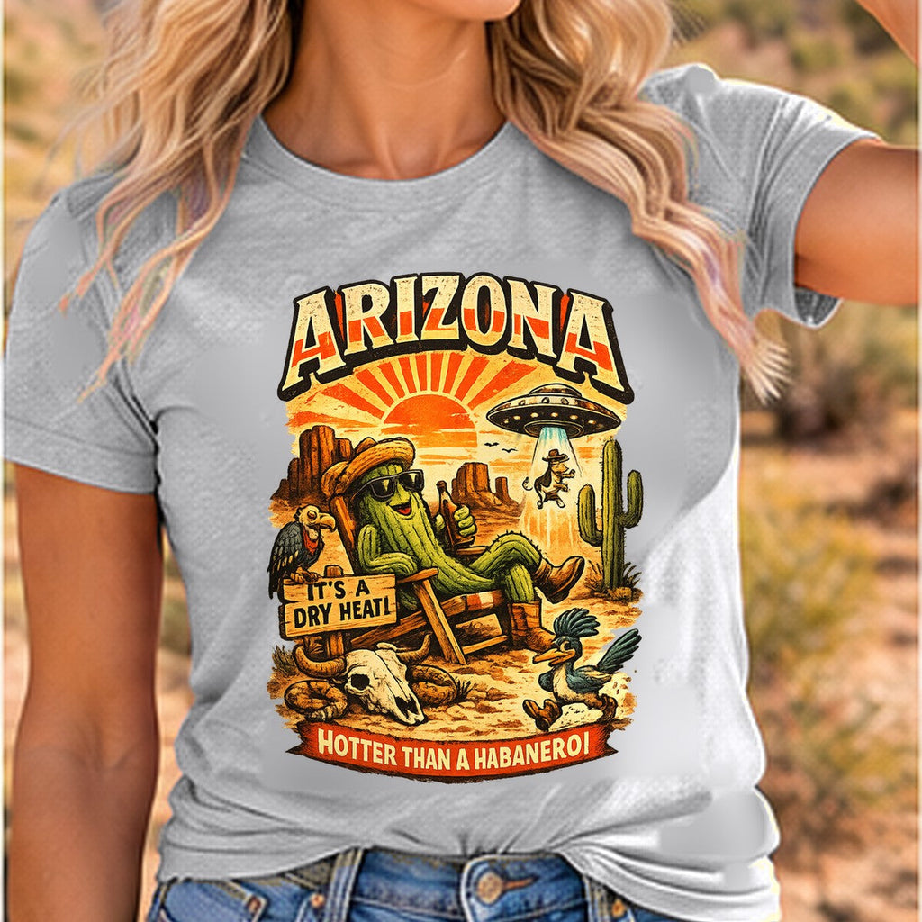 Hotter Than a Habanero Arizona T-shirt worn by a woman in the Arizona desert