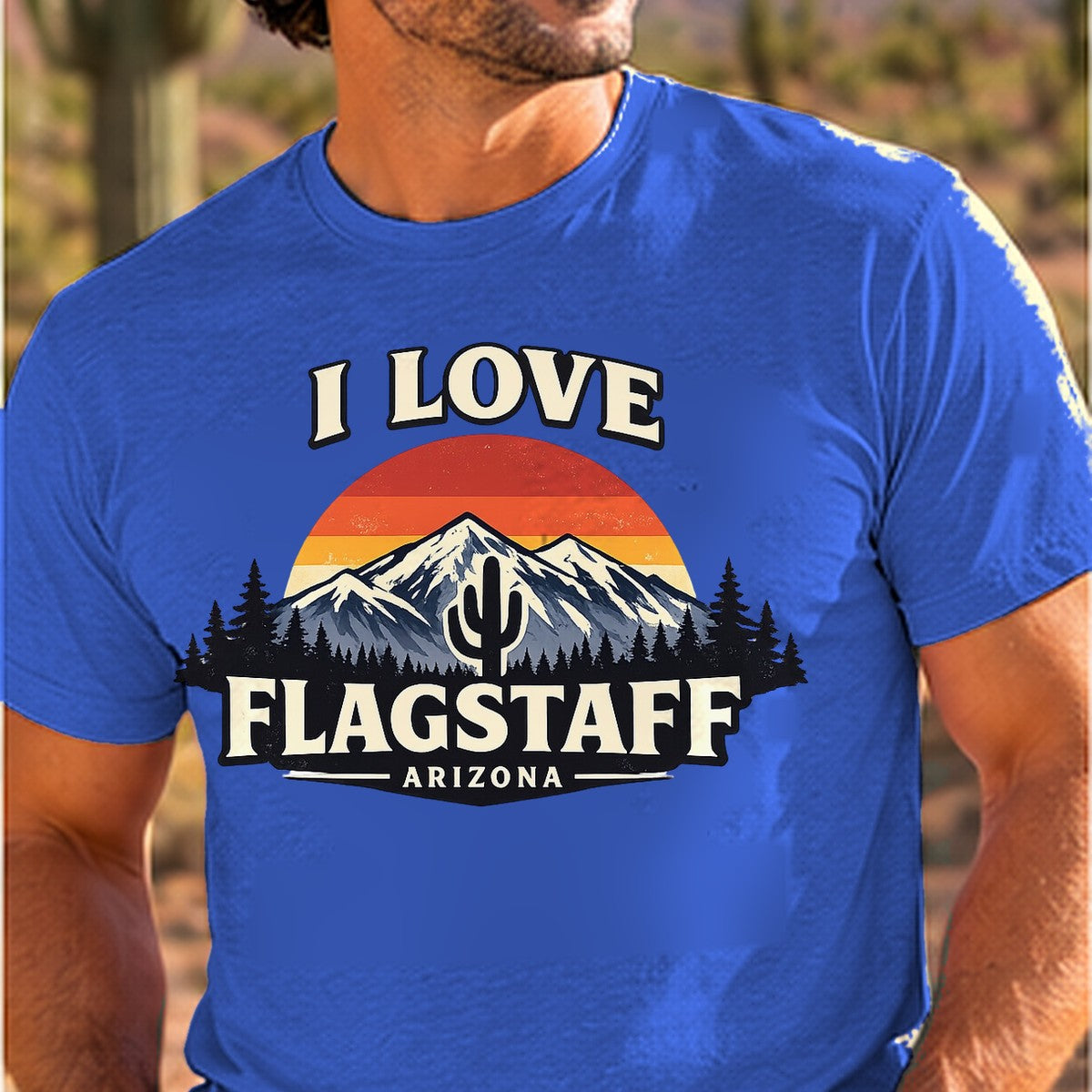 I Love Flagstaff Arizona T-shirt worn by a man in the Arizona desert