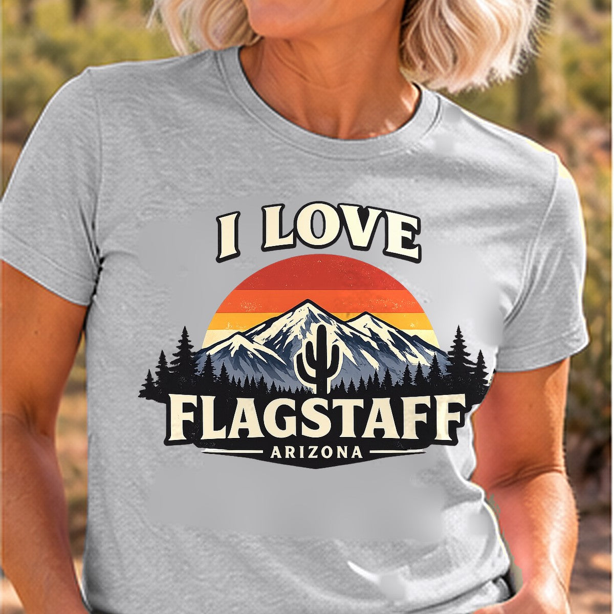 I Love Flagstaff Arizona T-shirt worn by a woman in the Arizona desert