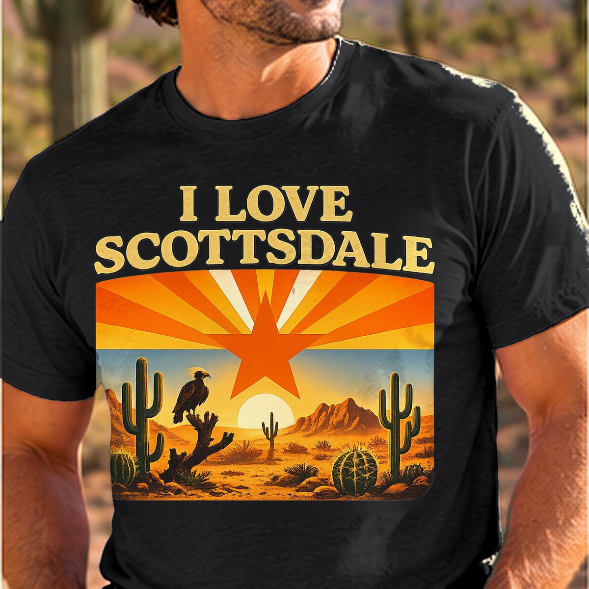 I Love Scottsdale Arizona T-shirt worn by a man in the Arizona desert