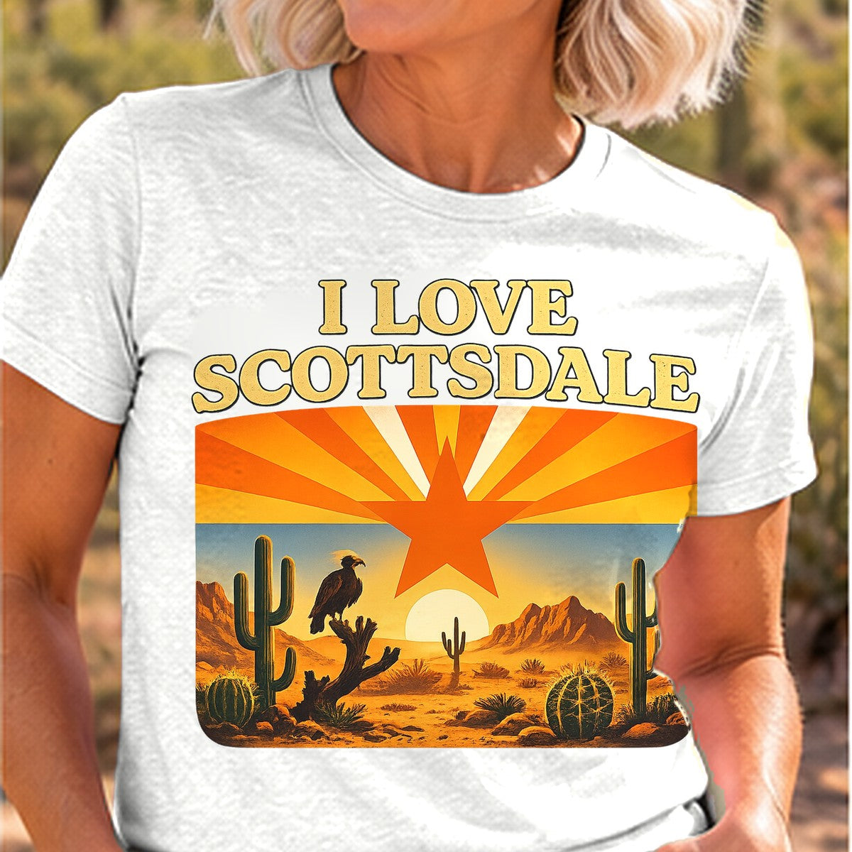 I Love Scottsdale Arizona T-shirt worn by a woman in the Arizona desert