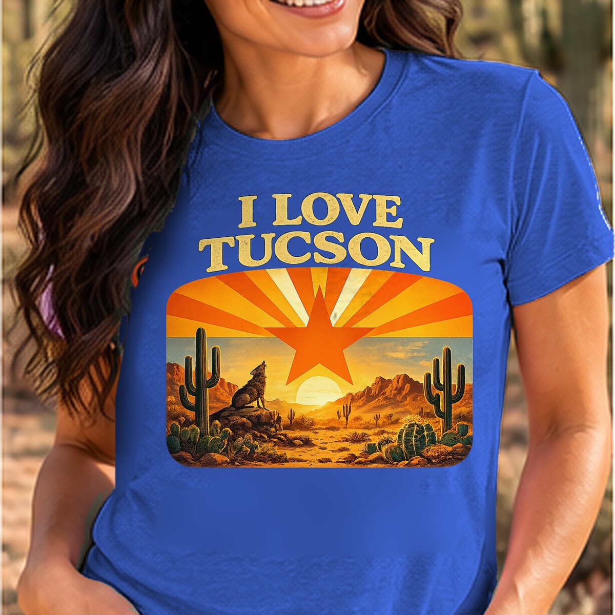 I Love Tucson Arizona T-shirt worn by a woman in the Arizona desert