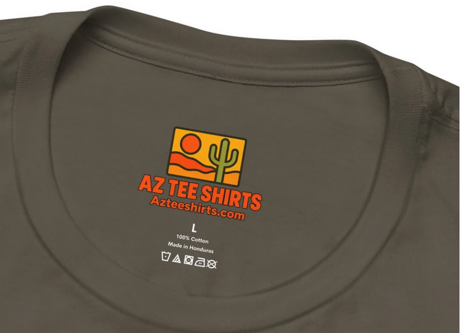 AZ Tee Shirts neck tag label on an Arizona Tee Shirt Company t-shirt, showing the desert cactus and sun logo, size, 100% cotton fabric content, and care instructions