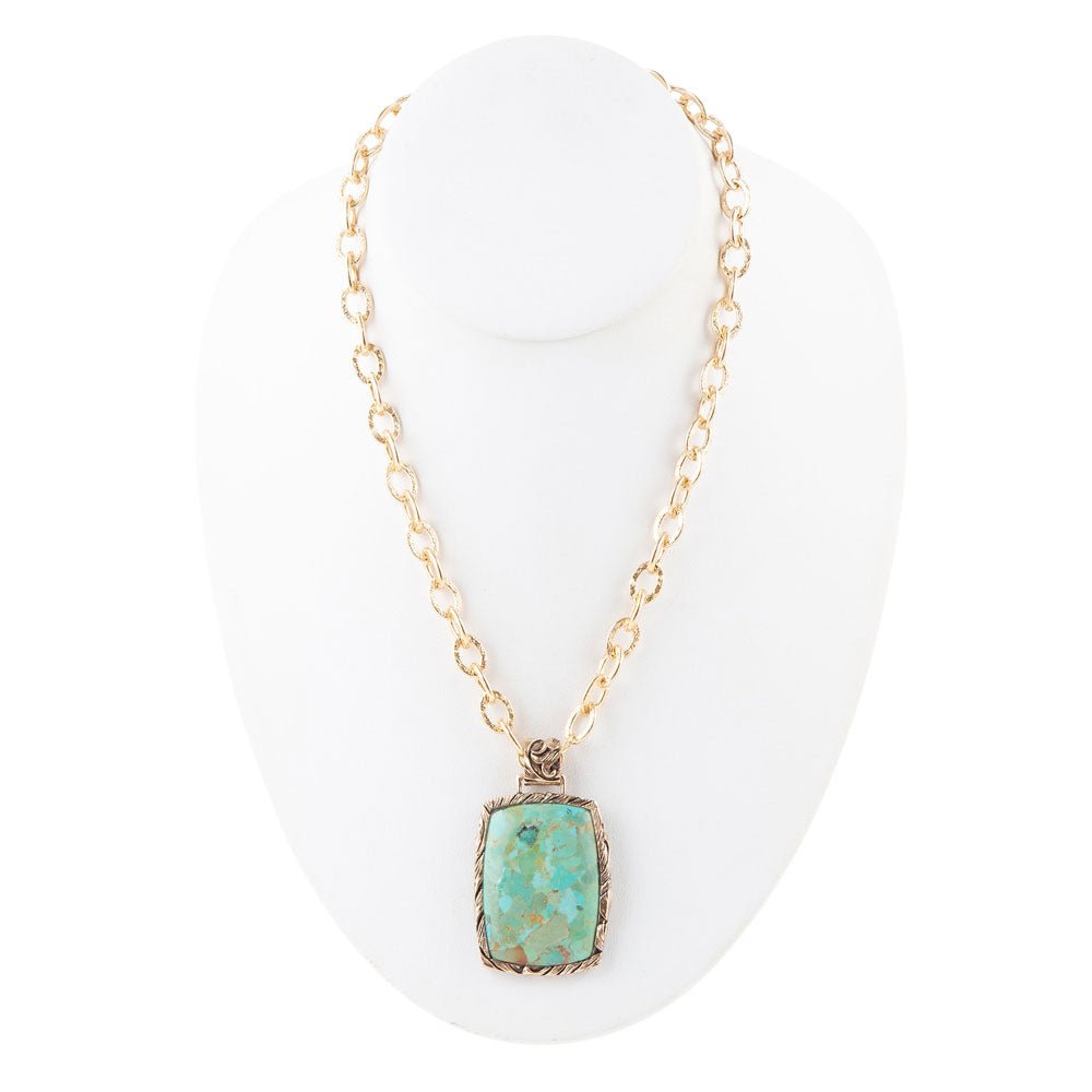 Jacquard turquoise pendant necklace with floral golden bronze setting, view 3