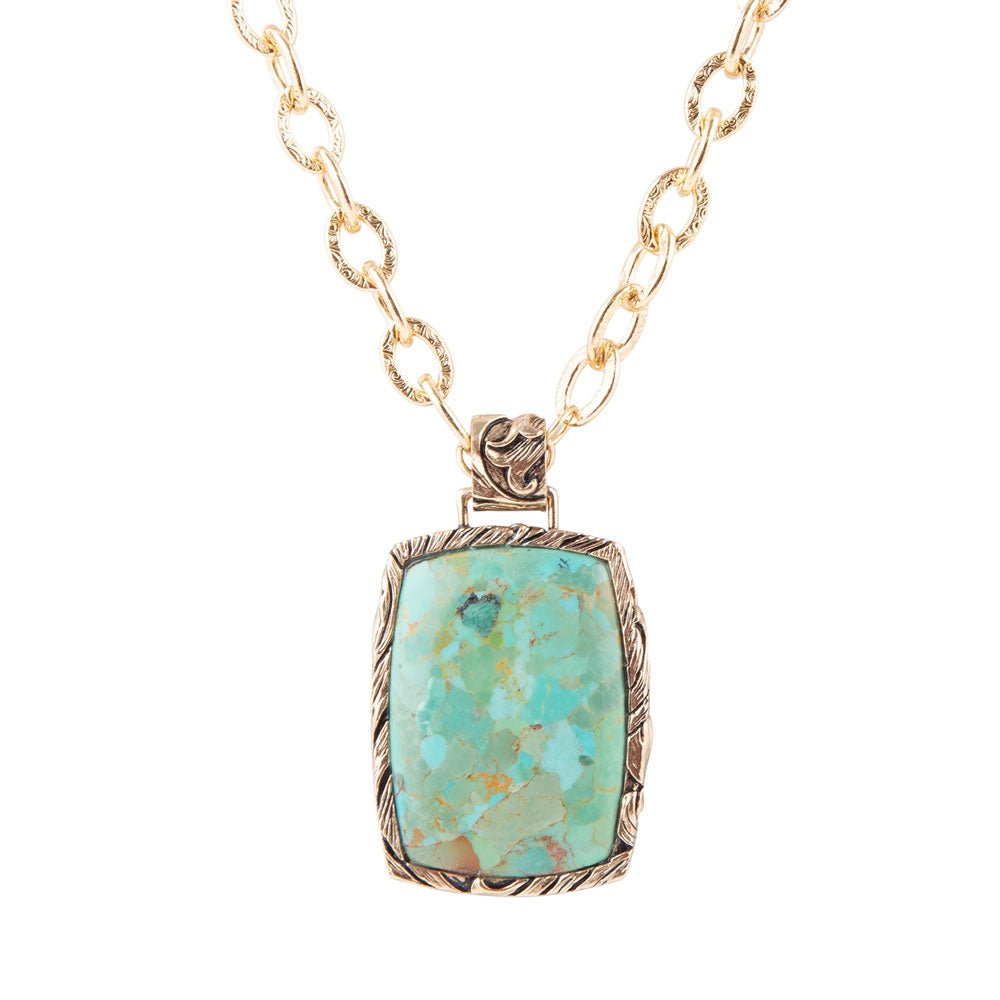 Jacquard turquoise pendant necklace with floral golden bronze setting