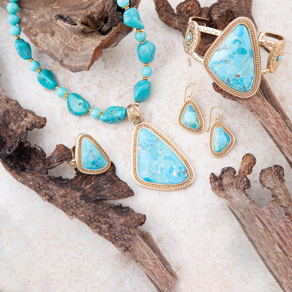 Blue turquoise triangle pendant necklace with turquoise beads, view 5