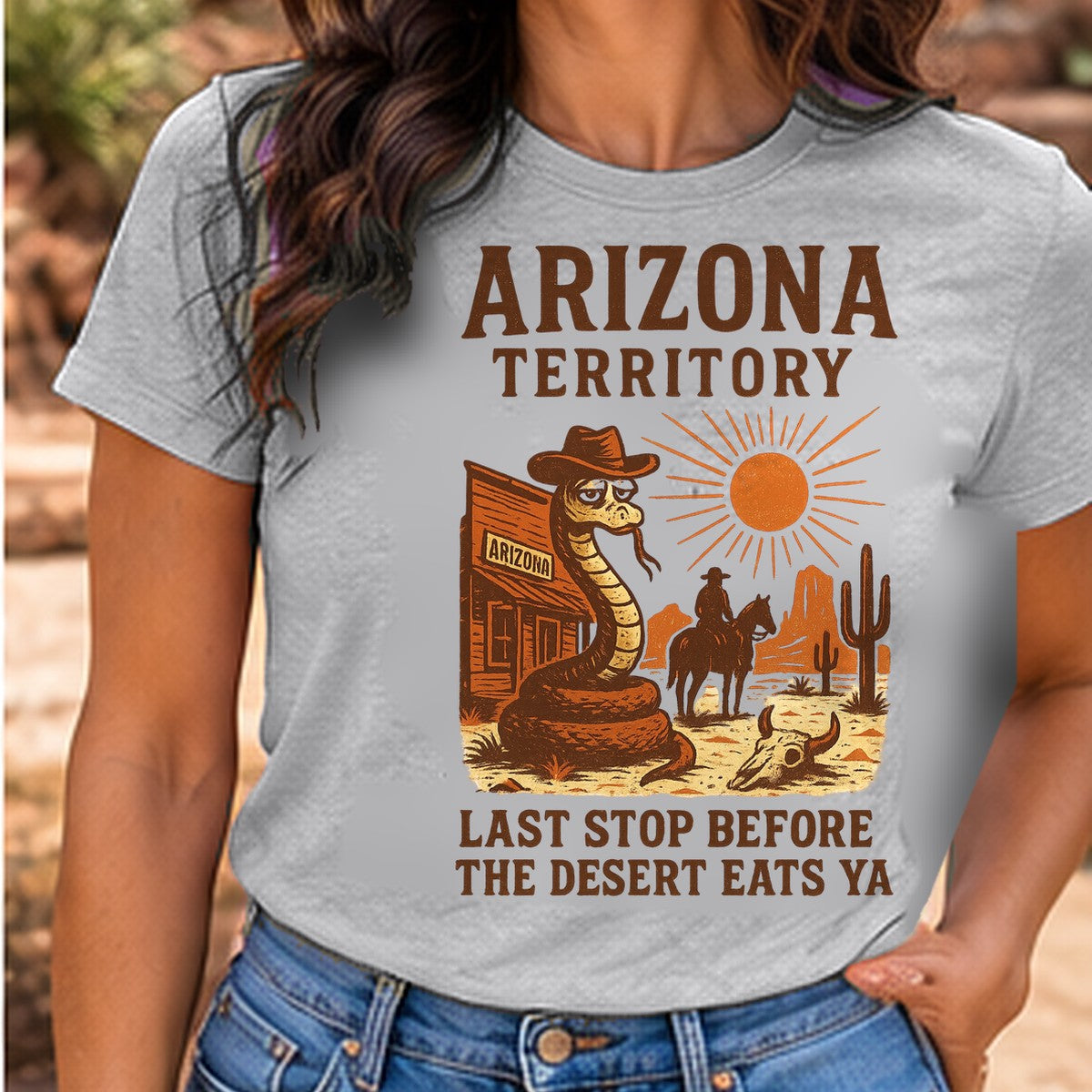 Last Stop Before the Desert Arizona T-shirt worn by a woman in the Arizona desert