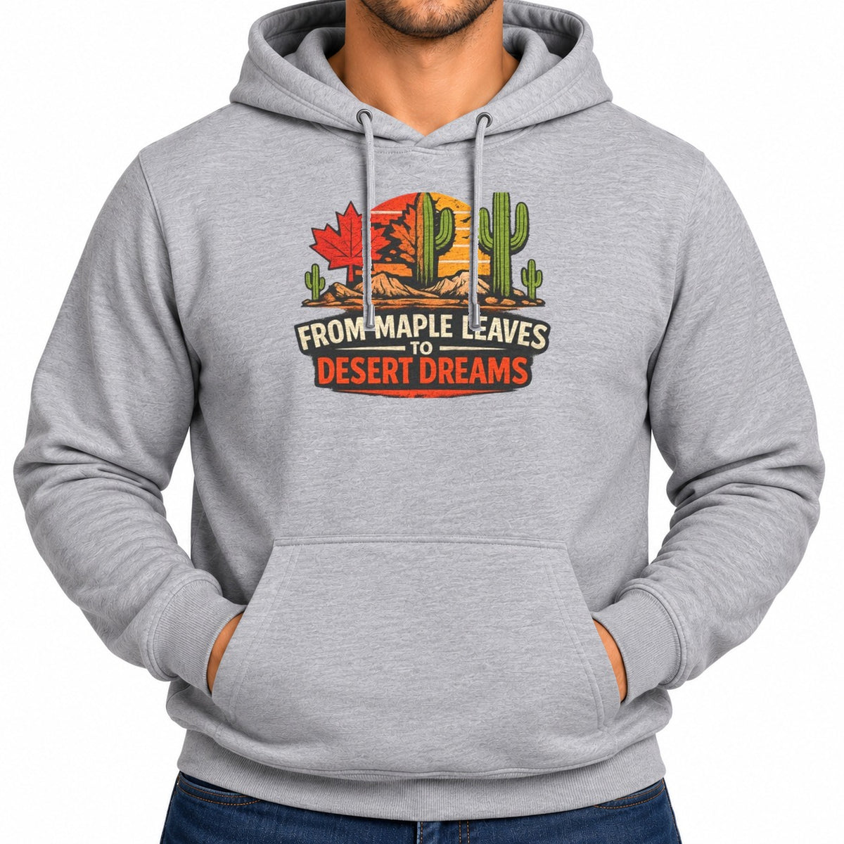 Man wearing the heather grey From Maple Leaves to Desert Dreams Hoodie