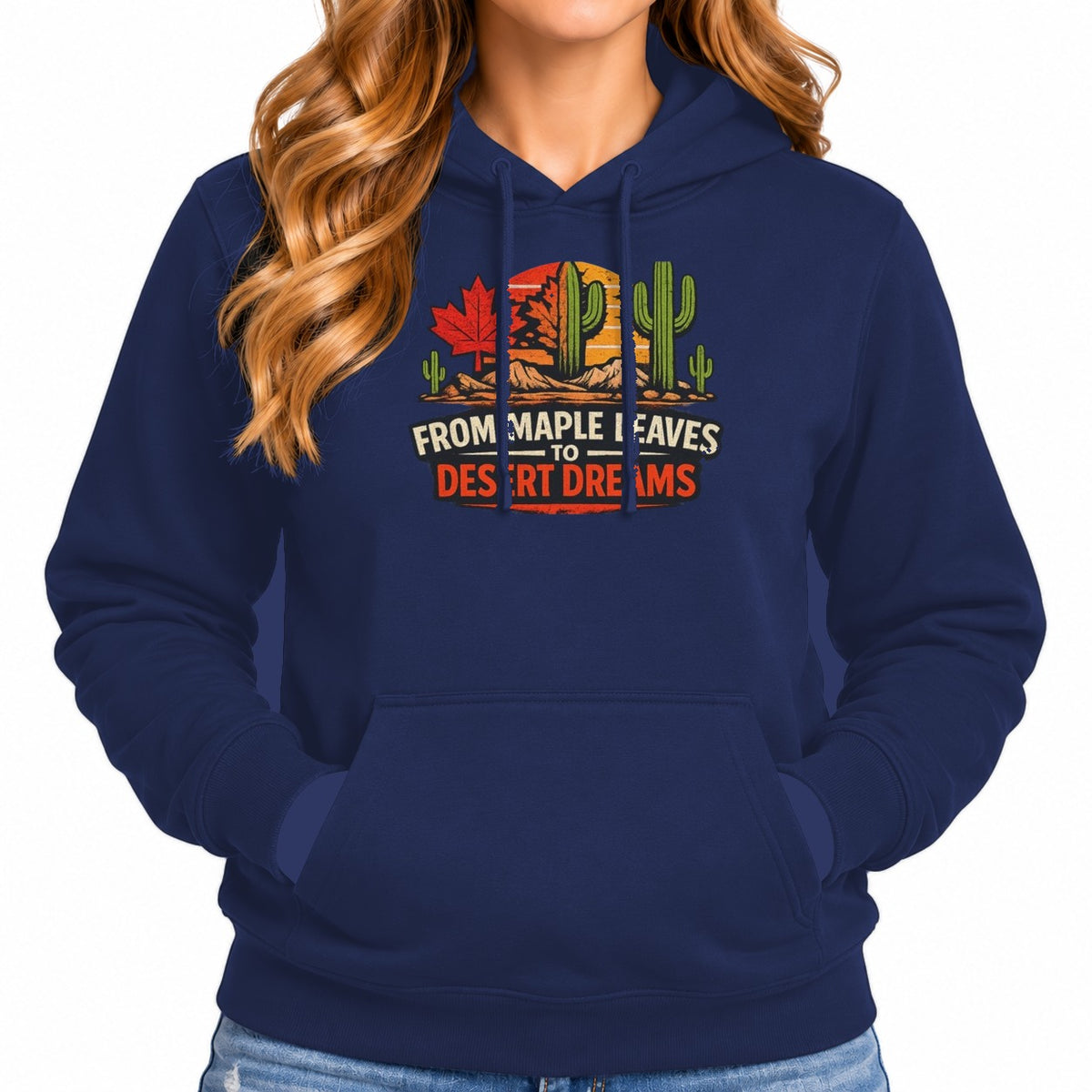 Woman wearing the navy From Maple Leaves to Desert Dreams Hoodie