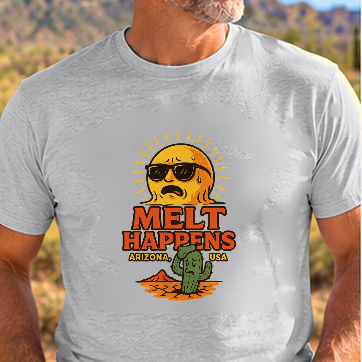 Melt Happens Arizona T-shirt worn by a man in the Arizona desert