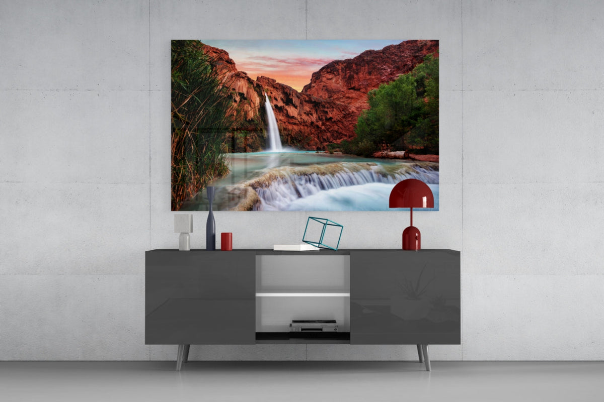 Turquoise waterfall in red rock desert canyon tempered glass wall art, view 8
