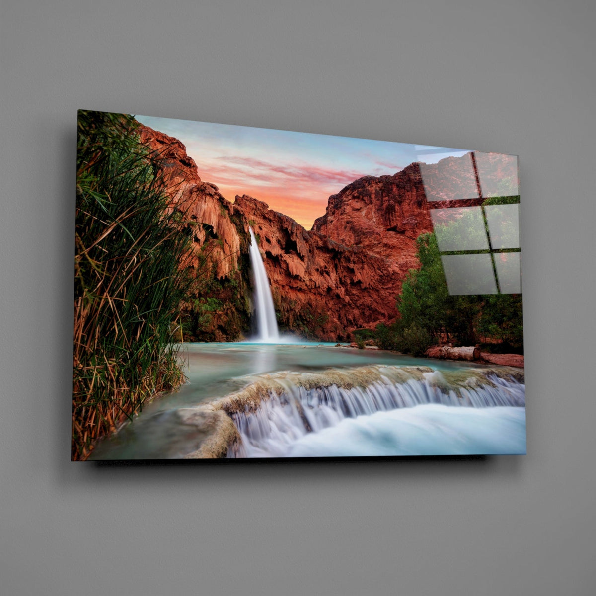 Turquoise waterfall in red rock desert canyon tempered glass wall art, view 2