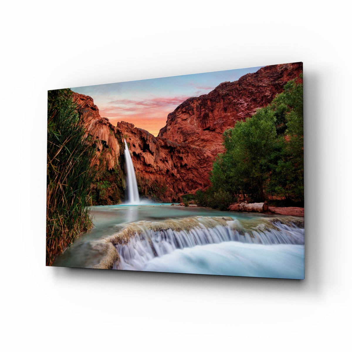 Turquoise waterfall in red rock desert canyon tempered glass wall art