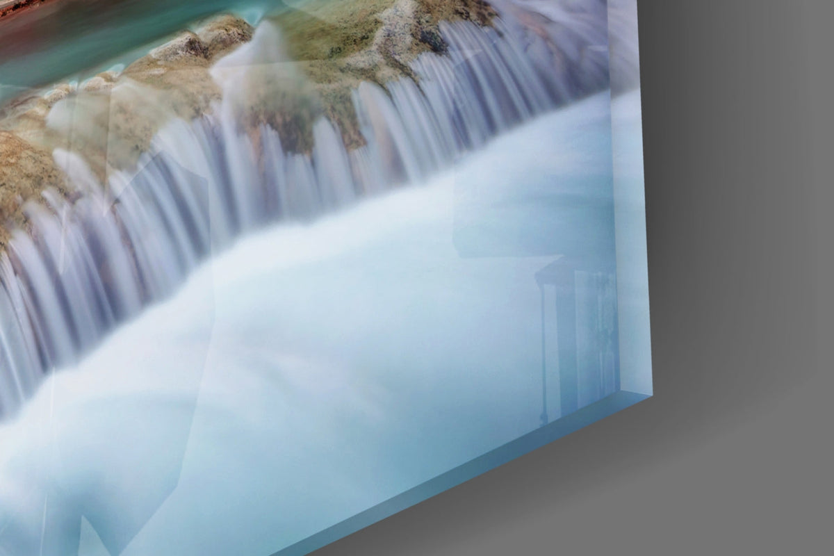 Turquoise waterfall in red rock desert canyon tempered glass wall art, view 7