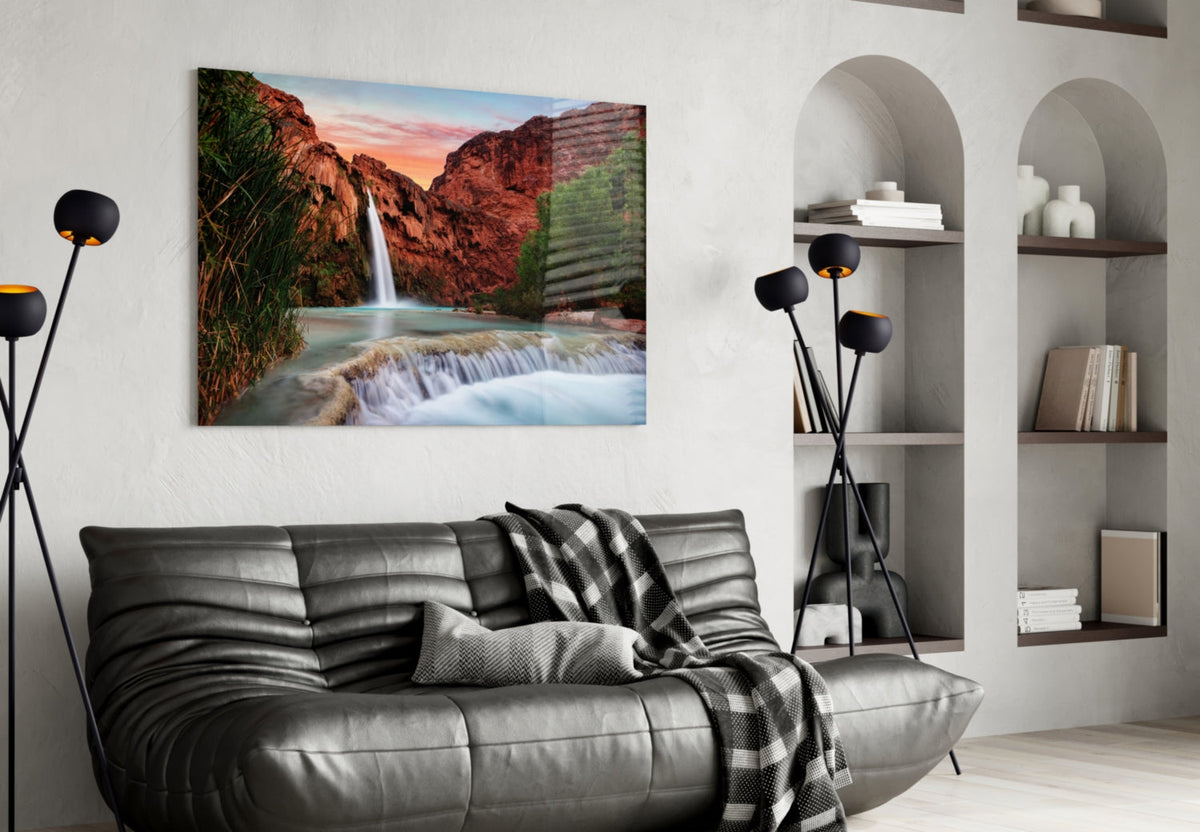 Turquoise waterfall in red rock desert canyon tempered glass wall art, view 4