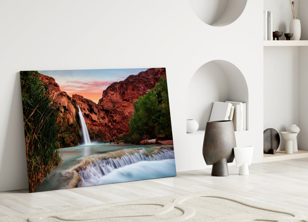 Turquoise waterfall in red rock desert canyon tempered glass wall art, view 3