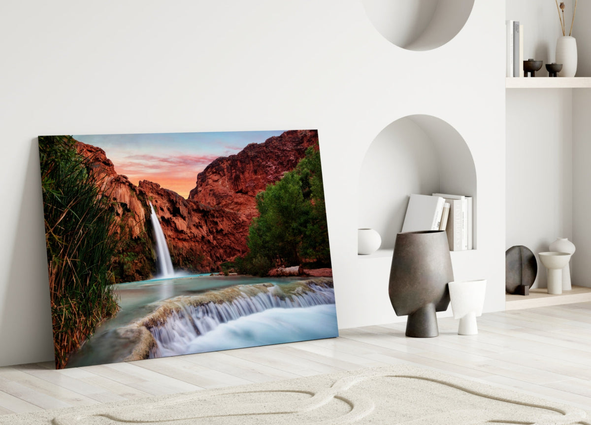 Turquoise waterfall in red rock desert canyon tempered glass wall art, view 3
