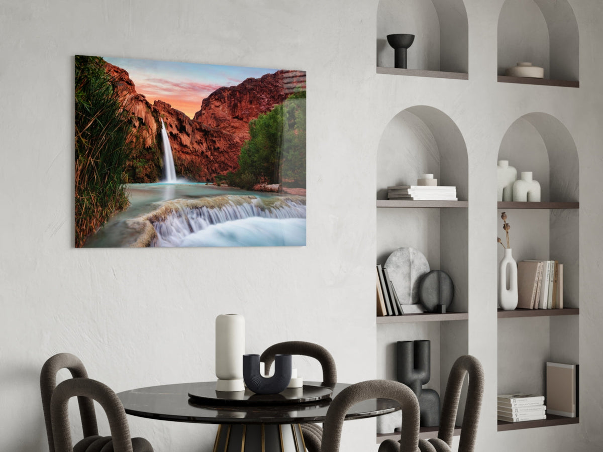 Turquoise waterfall in red rock desert canyon tempered glass wall art, view 5