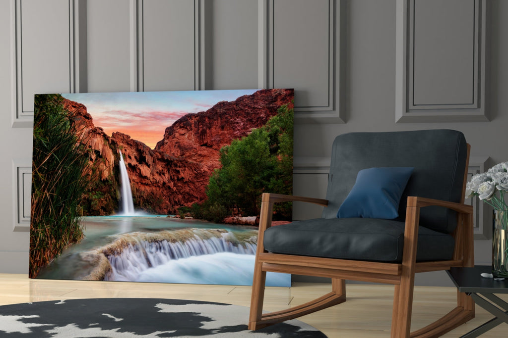 Turquoise waterfall in red rock desert canyon tempered glass wall art, view 6