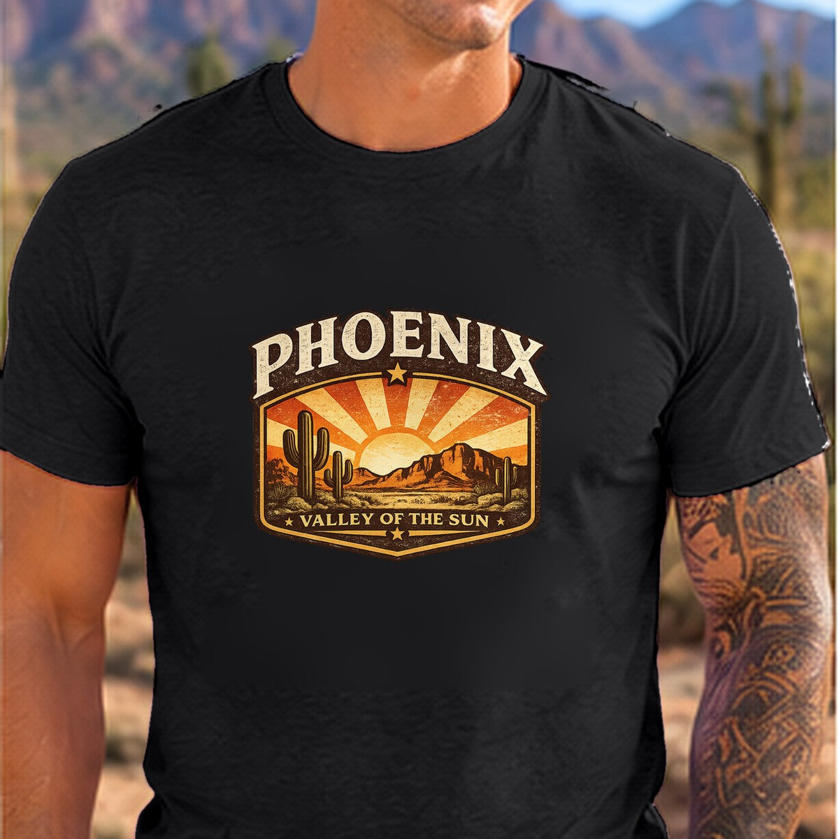 Phoenix Valley of the Sun Arizona T-shirt worn by a man in the Arizona desert