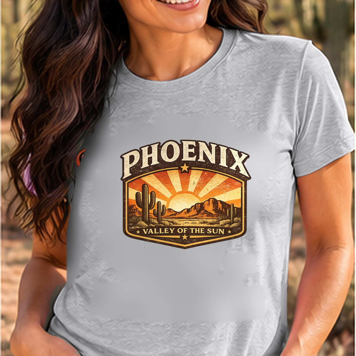 Phoenix Valley of the Sun Arizona T-shirt worn by a woman in the Arizona desert