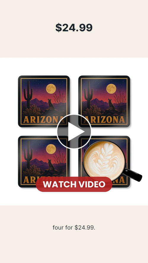Arizona Desert Moon coaster set video - coyote, desert moon and saguaro art, set of 4 for $24.99