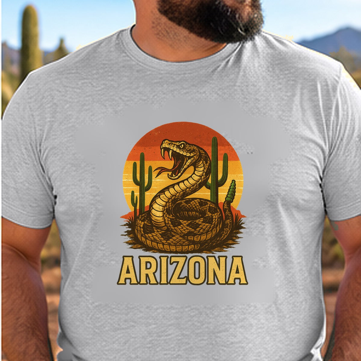 Rattlesnake Sunset Arizona T-shirt worn by a man in the Arizona desert