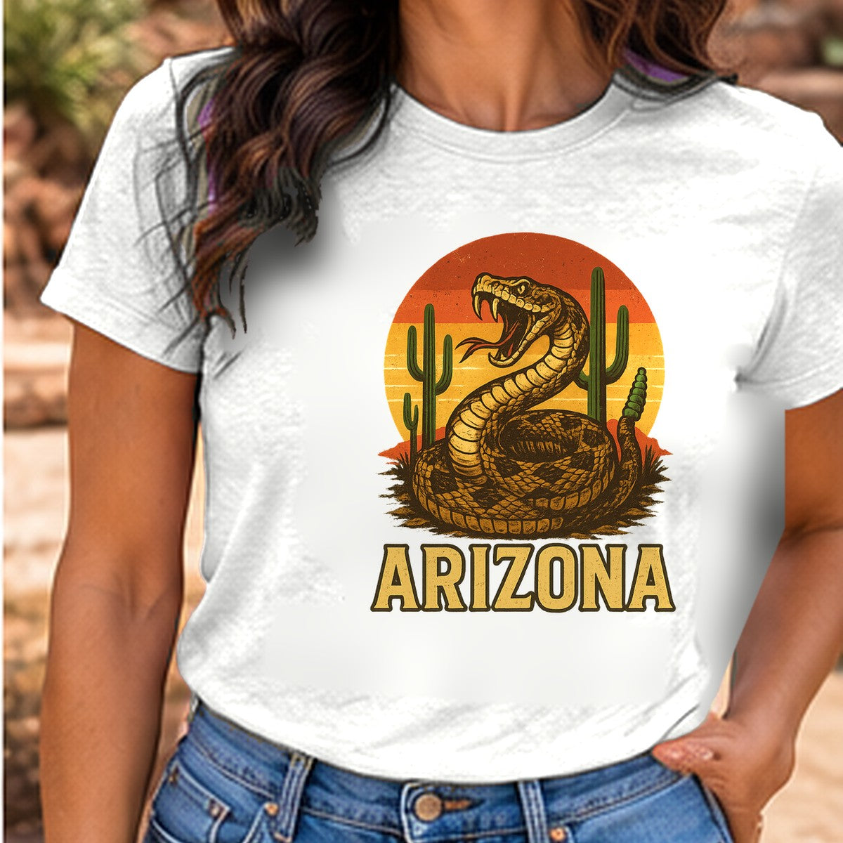 Rattlesnake Sunset Arizona T-shirt worn by a woman in the Arizona desert