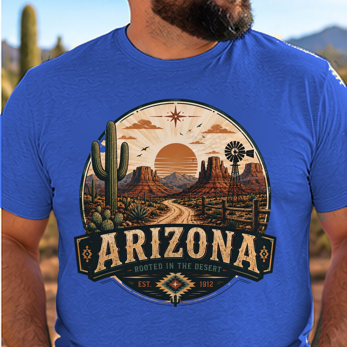 Rooted in the Desert Arizona T-shirt worn by a man in the Arizona desert