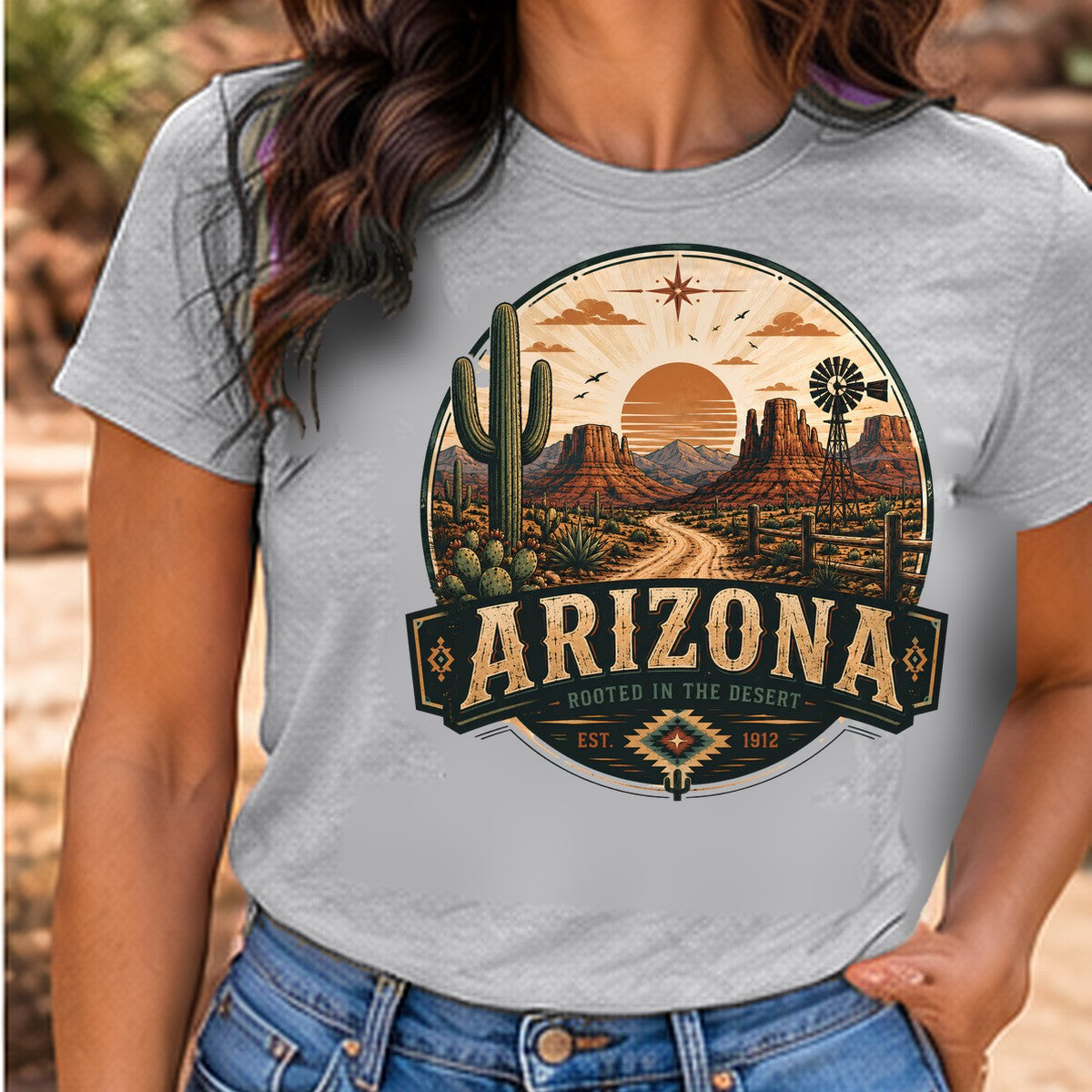 Rooted in the Desert Arizona T-shirt worn by a woman in the Arizona desert