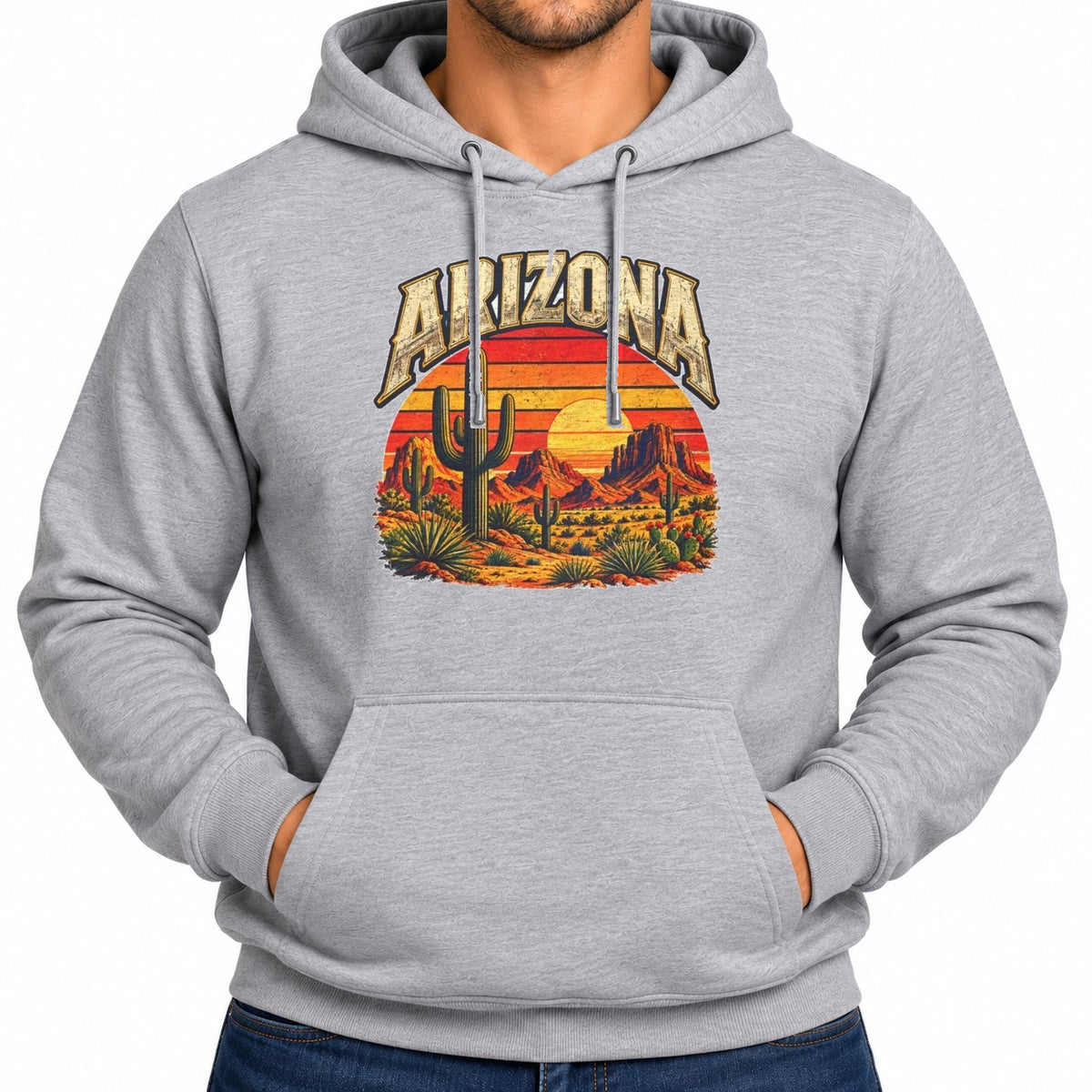Man wearing the sport grey Arizona Saguaro Sunset Hoodie