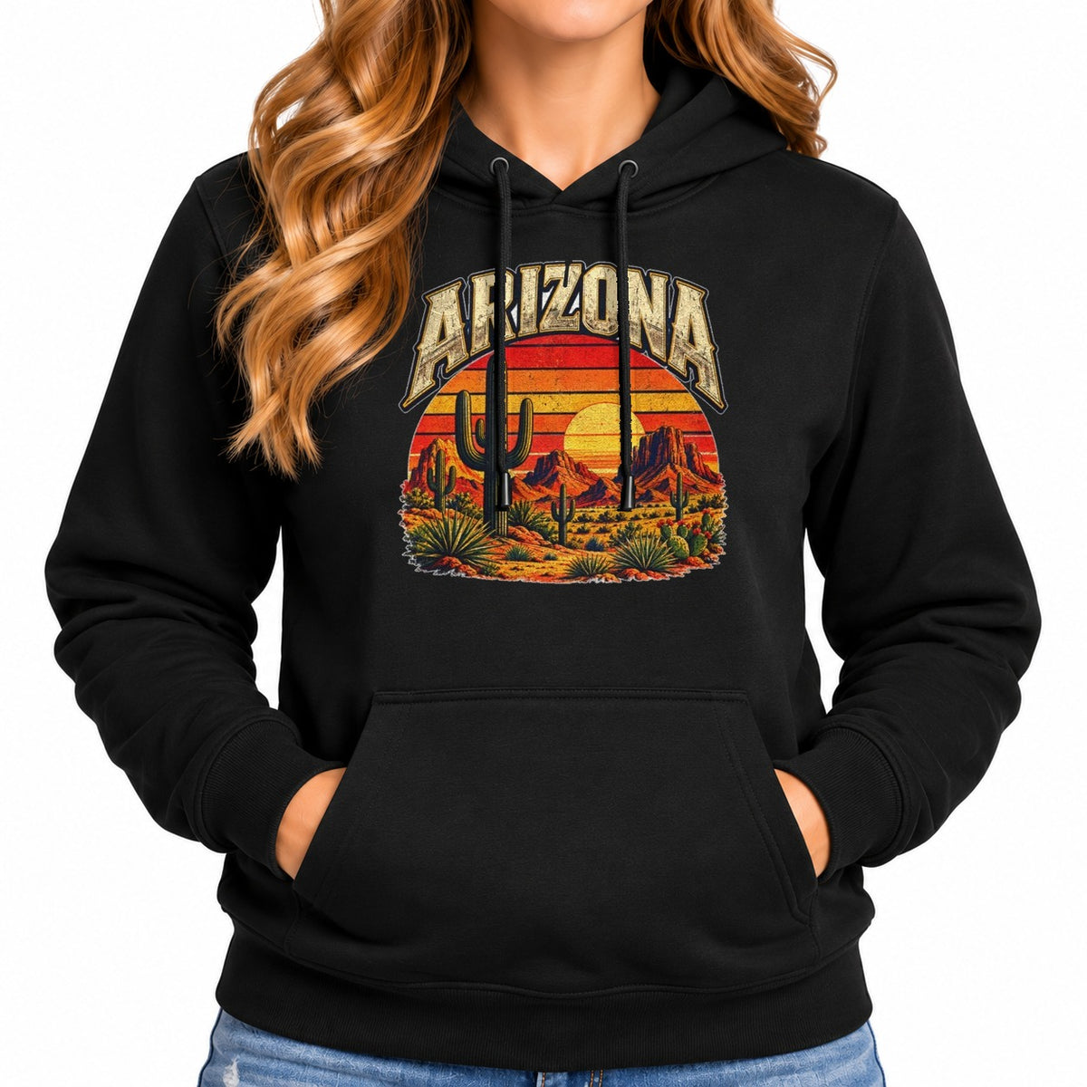 Woman wearing the black Arizona Saguaro Sunset Hoodie