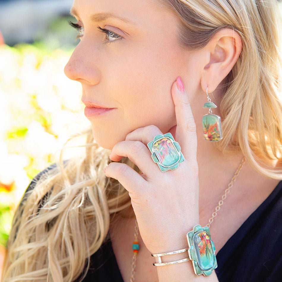 Sedona desert scene turquoise drop earrings in golden bronze, view 5