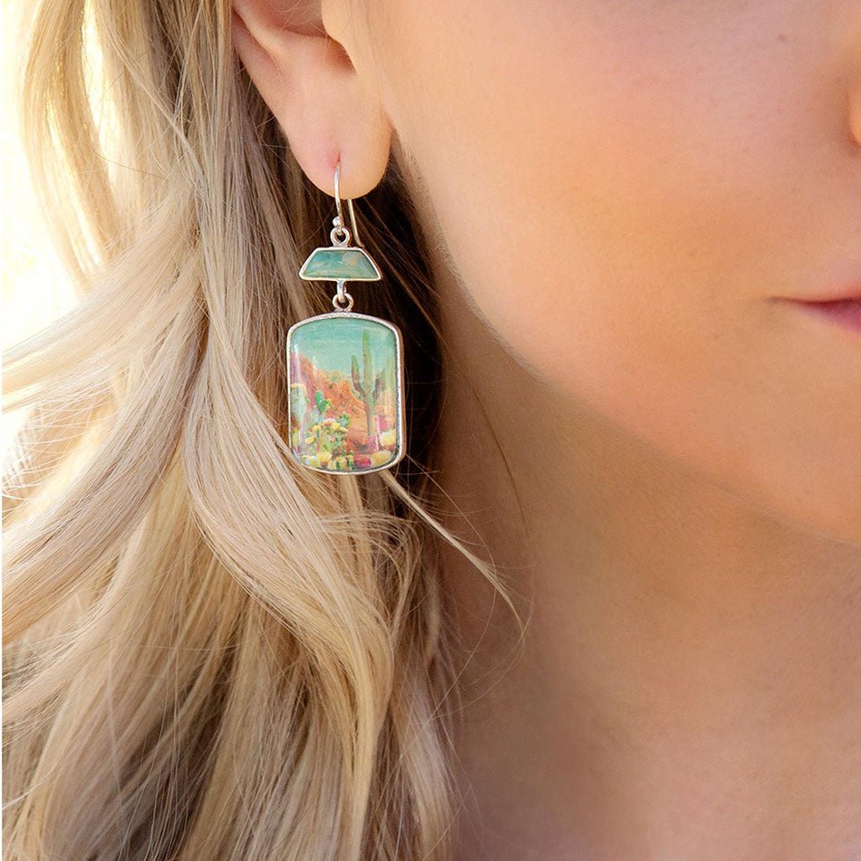 Sedona desert scene turquoise drop earrings in golden bronze, view 2