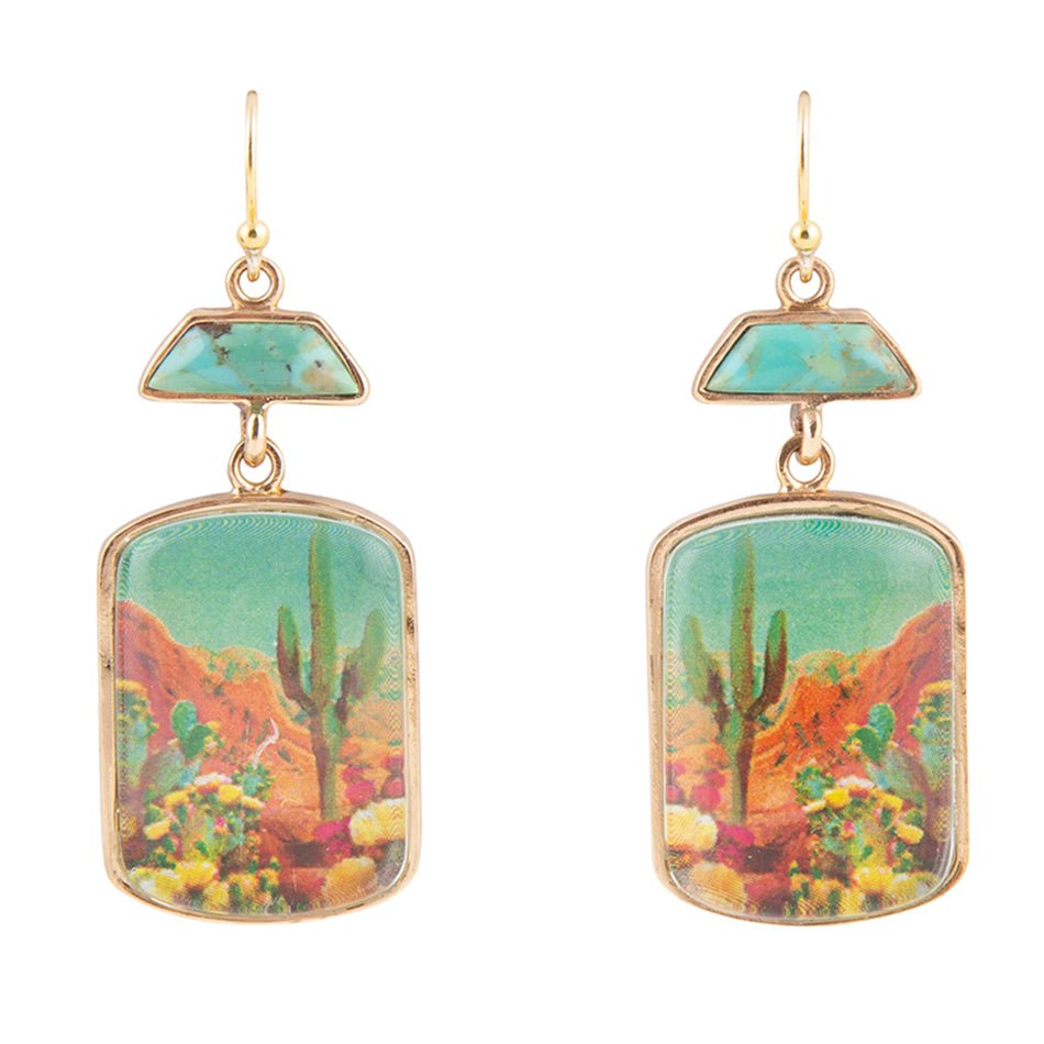 Sedona desert scene turquoise drop earrings in golden bronze