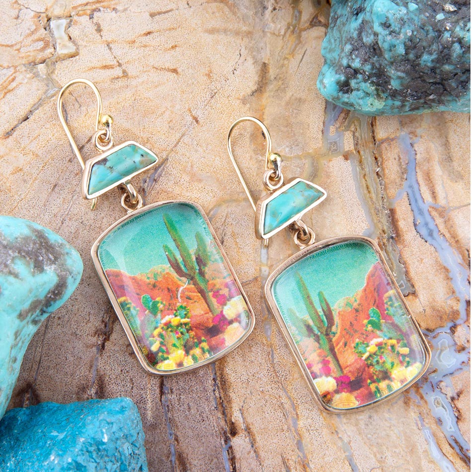 Sedona desert scene turquoise drop earrings in golden bronze, view 3