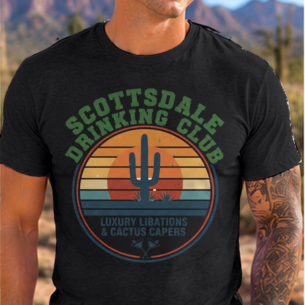 Scottsdale Drinking Club Retro Arizona T-shirt worn by a man in the Arizona desert